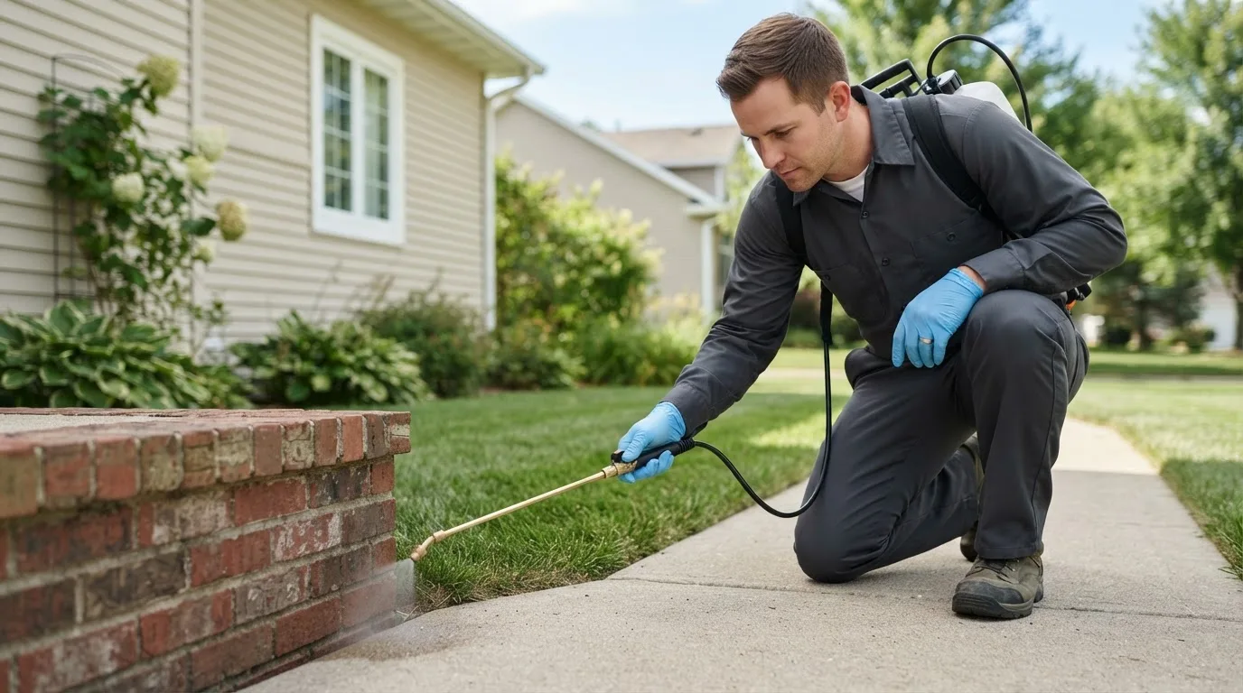 Pest control technician treating a home near Chatfield, TX
