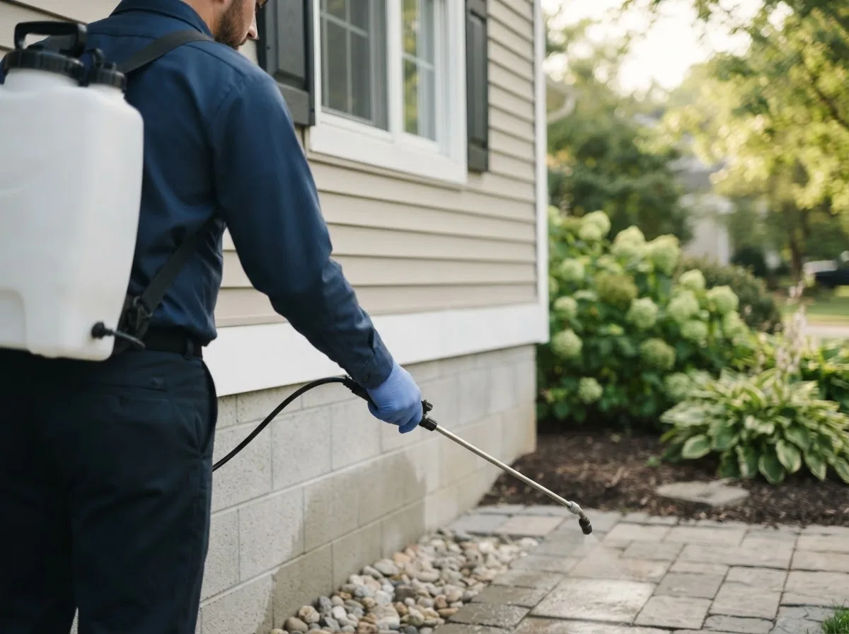 Pest control technician inspecting a home in Chatfield, TX
